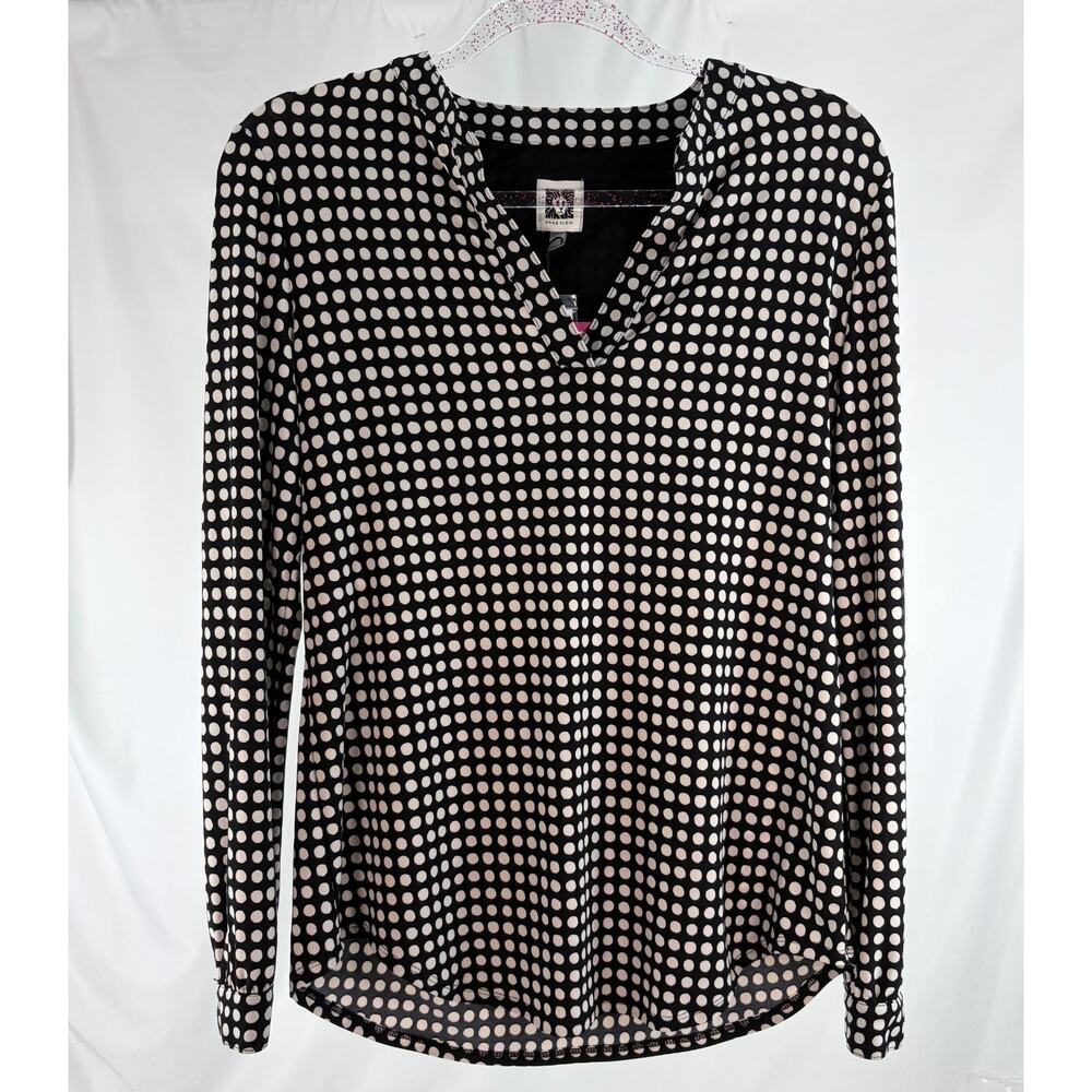 Anne Klein Polka Dot Blouse XXS Black Whiteβ V-Neck Long Sleeve Retro Mod Chic